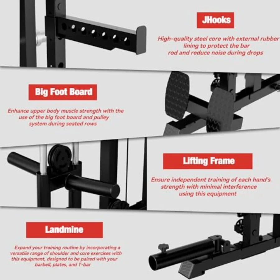 Smith Machine 2200lbs Squat Rack with Pull Down System Cable Crossover Machine Steel Black Training Equipment with Leg Hold and