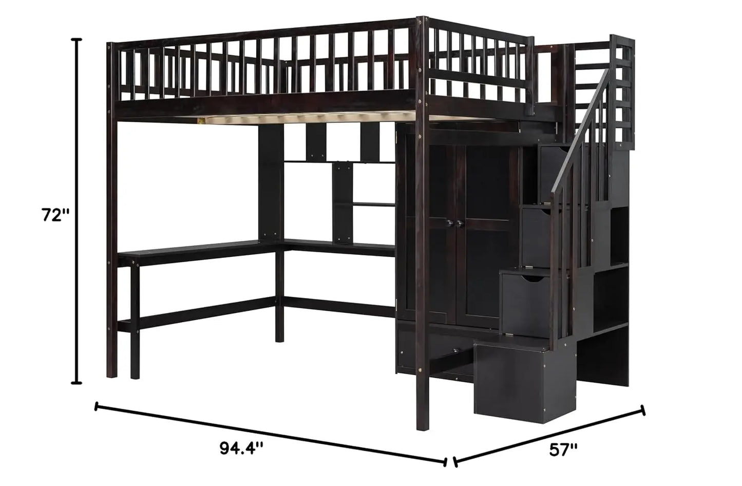 Full Size Loft Beds Stairway Loft Bed Frame with Wardrobe, Desk, Bookcase and Drawers, Espresso, Customized