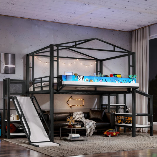 Full Size Loft Bed with Storage Stairs, Shelves and Built-in Wardrobe, Metal Loft Bed Frame with USB Ports and LED Lights,Black