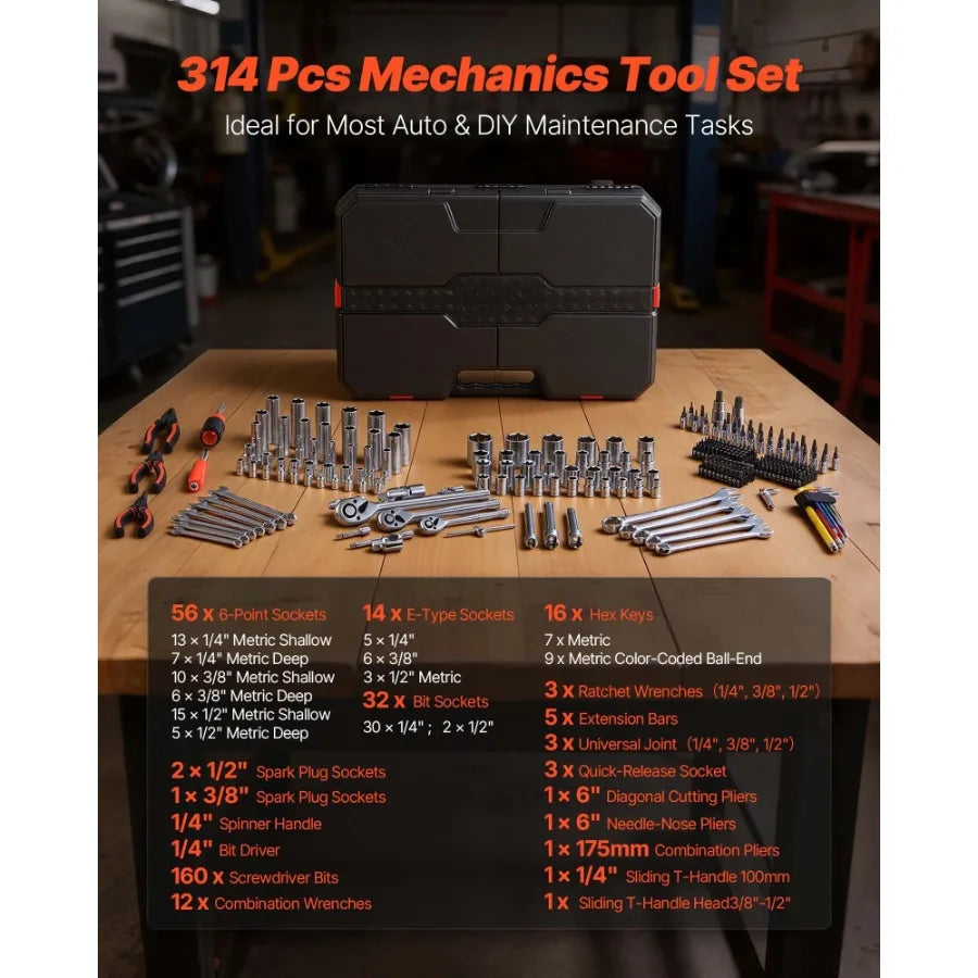 314-Piece Mechanic Tool Set 1/4 in 3/8 in 1/2 in Drive Metric Socket Set Wrenches Screwdriver Bits Accessories Storage Case for