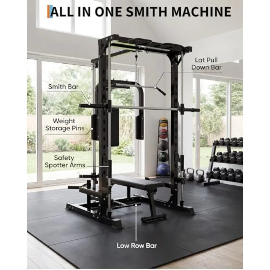 Smith Machine with Bench Heavy Duty Power Cage Squat Rack with Smith Bar LAT Pulldown System Chest Station More Training Attach
