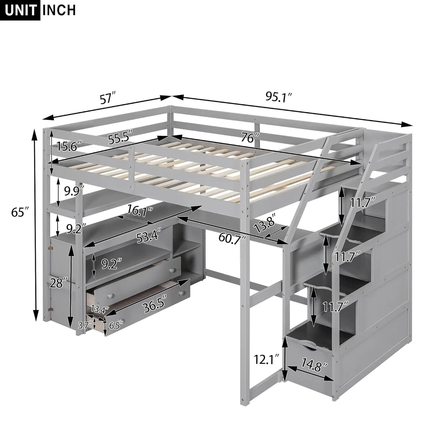 Full Size Loft Bed with Desk, Wood Full Loft Bed Frame with Shelves, 2 Built-in Drawers and Storage Staircase, Gray, Customized