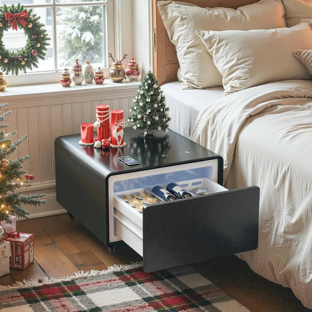 Smart Side Table, Nightstand with Built in Fridge, 27.7 D x 26.3 W x 18.1 H, Mini Coffee Table with 15W Wireless Charging