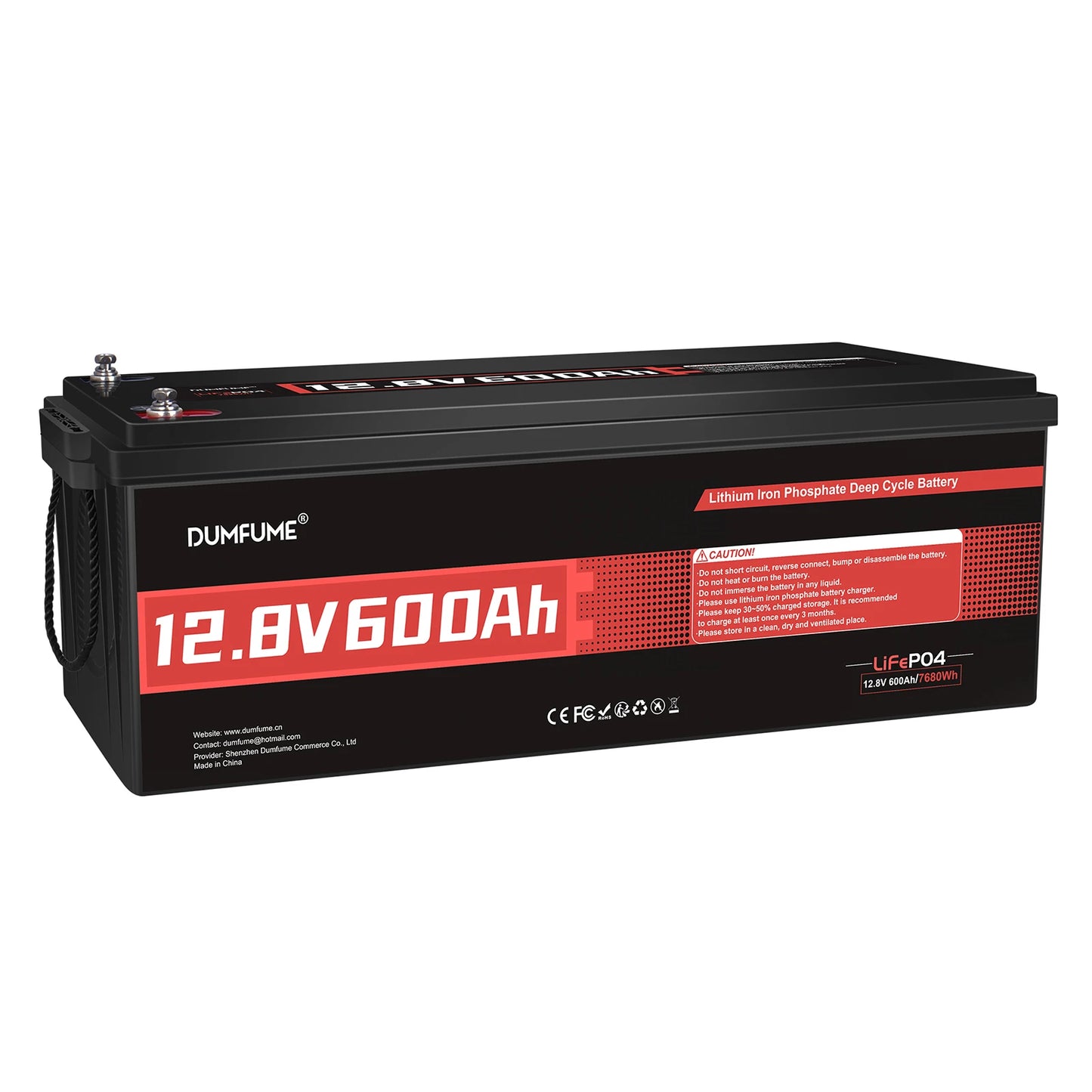 Dumfume 12V 600Ah LiFePO4 Battery Built-in 200A BMS Rechargeable Deep Cycle Lithium Iron Phosphate Battery for Solar RV Marine