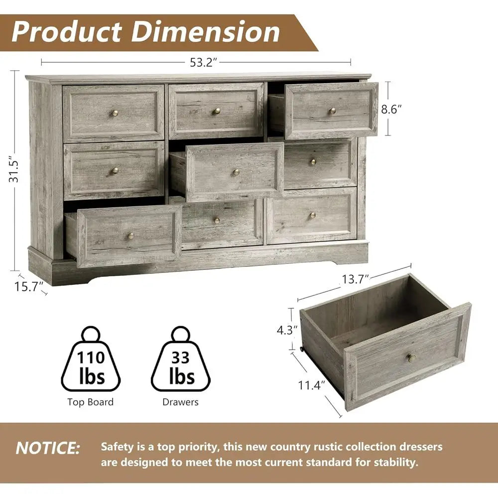 4-Piece Bedroom Set with 9-Drawer Dresser, 5-Drawer Chest, and Nightstand with Charging Station (Grey)