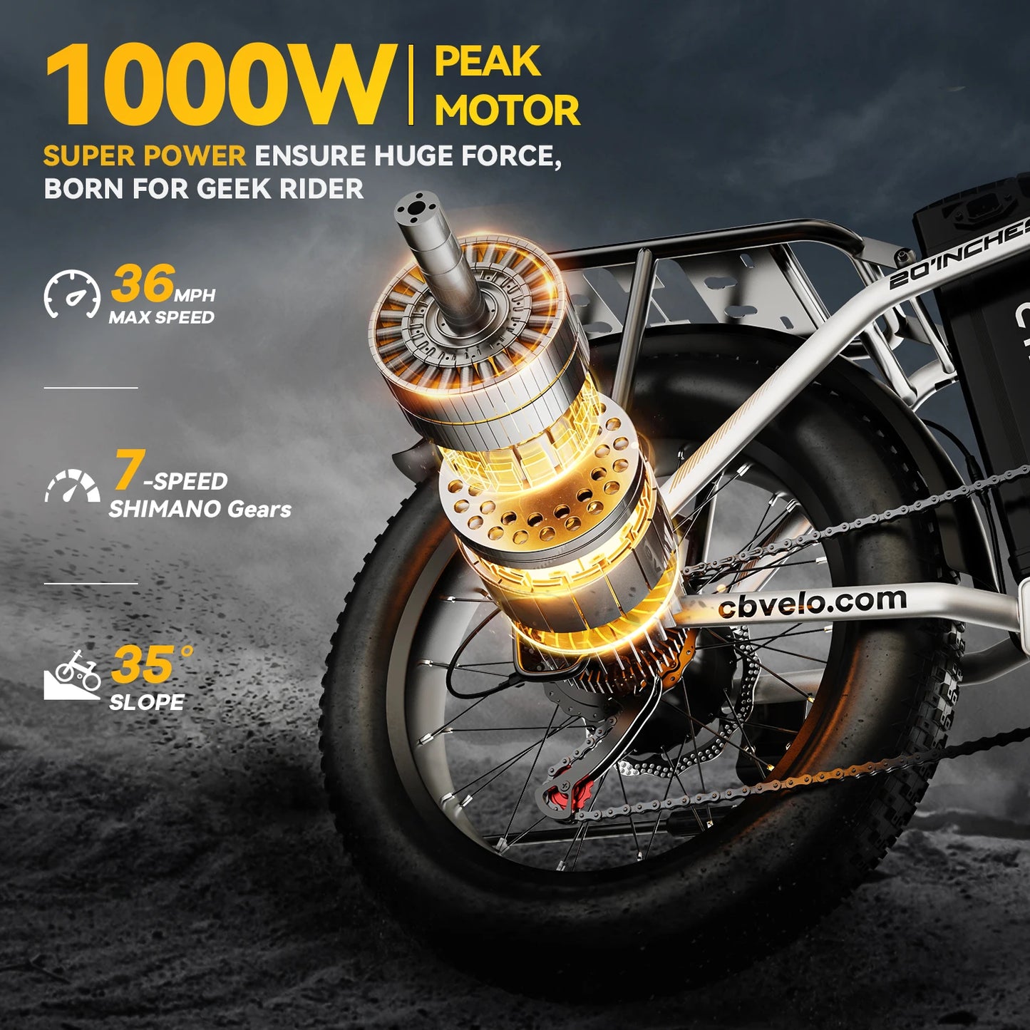 20" Fat tire Foldable Electric Bike,48V 20AH Detachable Battery, Long Range 7-Speed shift Adult Electric Bycicle City Crusier