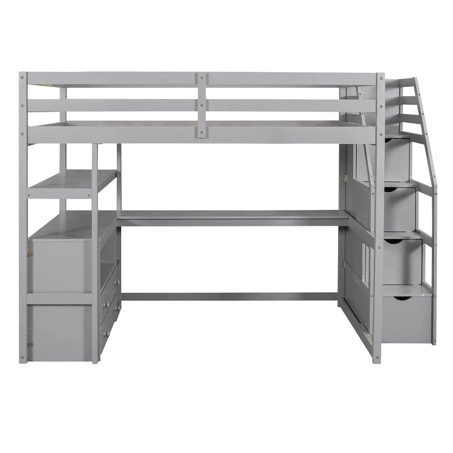 Full Size Loft Bed with Desk, Wood Full Loft Bed Frame with Shelves, 2 Built-in Drawers and Storage Staircase, Gray, Customized