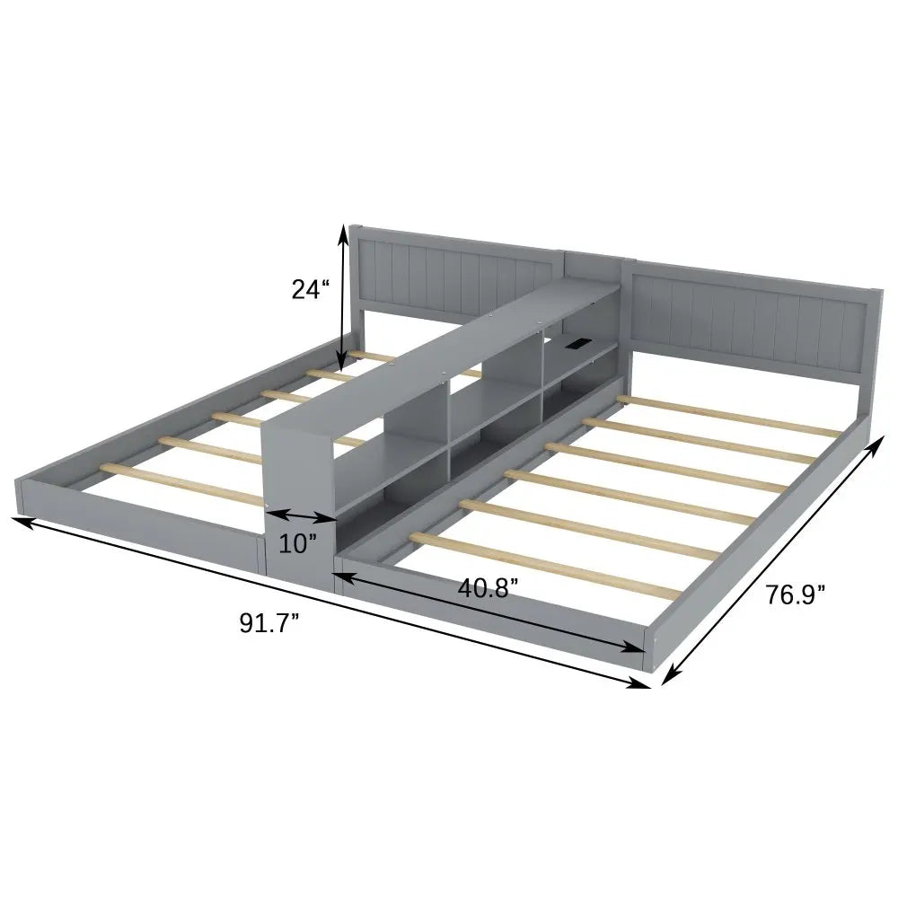 Double Twin Size Bed Frame with Storage,Twin Floor Bed with Light & Charging Station, Convertible 2 Twin Beds for 2 Kids,Gray