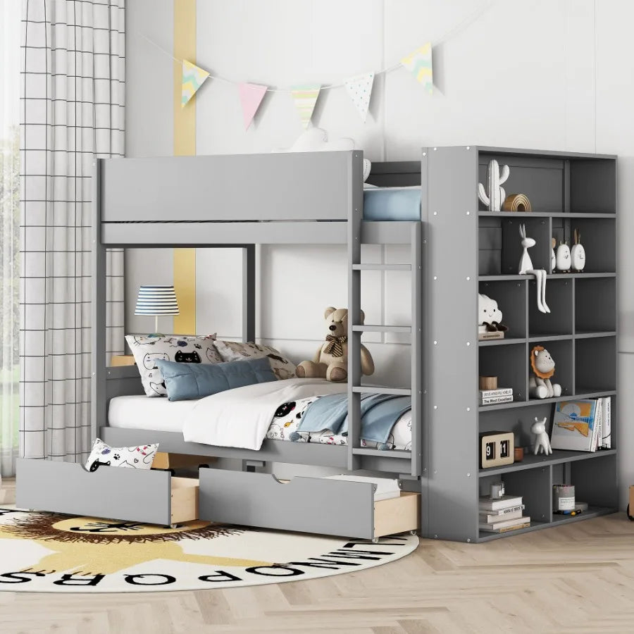 Twin over Twin Bunk Bed With 2 Drawers and Multi-layer Cabinet Gray
