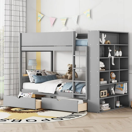 Twin over Twin Bunk Bed With 2 Drawers and Multi-layer Cabinet Gray