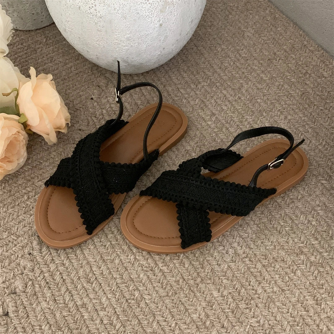 2024 Fashion Women Sandals Ladies Flat Roma Heels Knitted Summer Sandals Outside Cross Tied Leather Female Slides Woman Sandals
