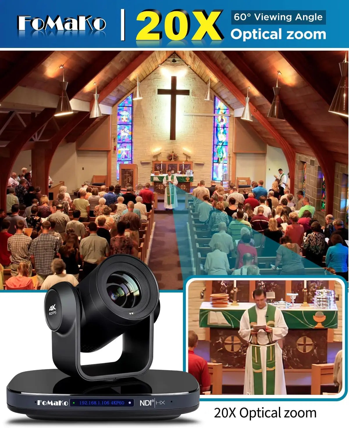 FoMaKo 4K NDI Camera 60FPS 20X Optical Zoom AI Auto-Tracking+KC608 IP PTZ Controller, K820N+KC608 PTZ Camera Bundle Kits