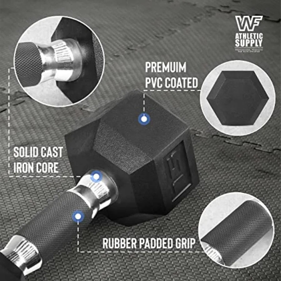 WF Athletic Supply Rubber Encased Hex Dumbbells with Rubber Grip Contoured Handle for Muscle Toning Strength Building Full Body