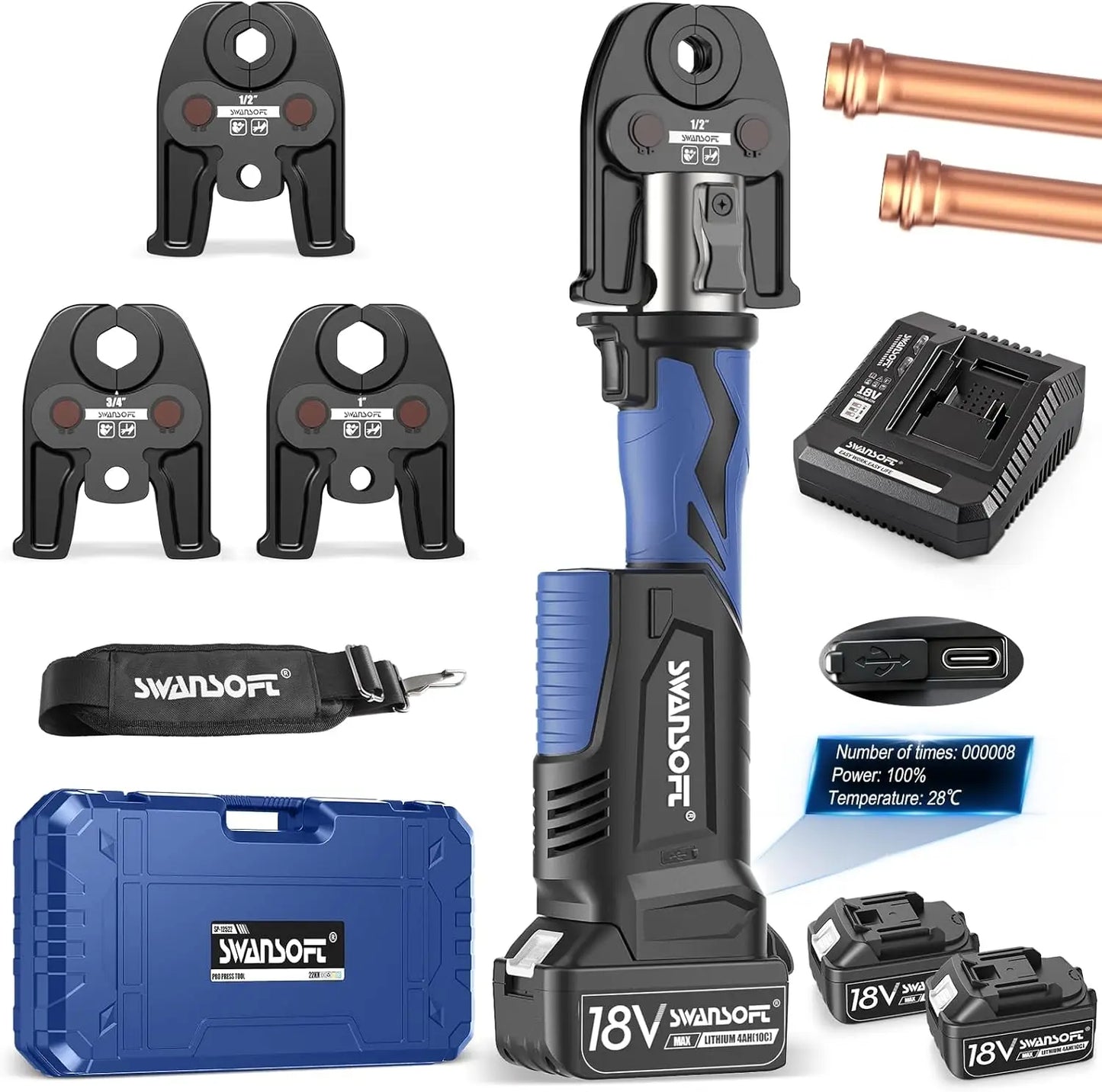 SWANSOFT ProPress Tool,18V 4Ah Battery Electric Hydraulic Crimping Tool for Copper Pipes with 3 Jaws 1/2",3/4",1"for Plumbing