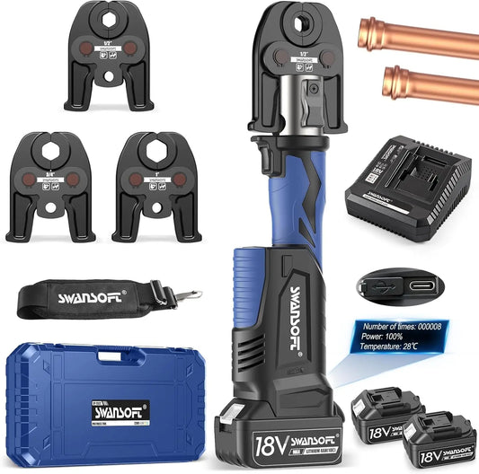 SWANSOFT ProPress Tool,18V 4Ah Battery Electric Hydraulic Crimping Tool for Copper Pipes with 3 Jaws 1/2",3/4",1"for Plumbing