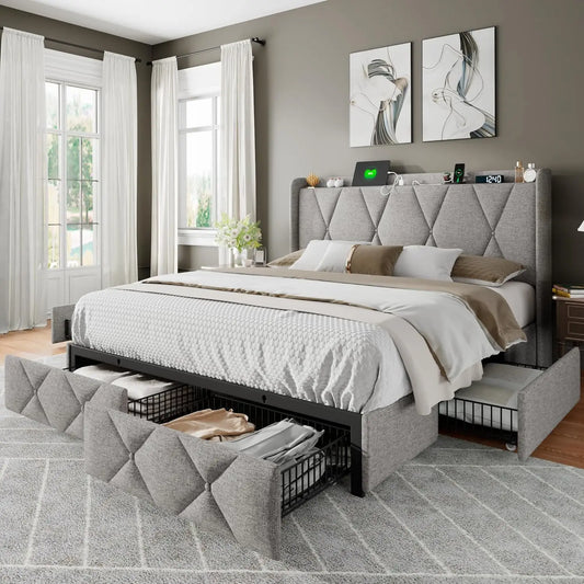 Queen Bed Frame With 4 Storage Drawers Upholstered Button Tufted Headboard Fast Charging Station