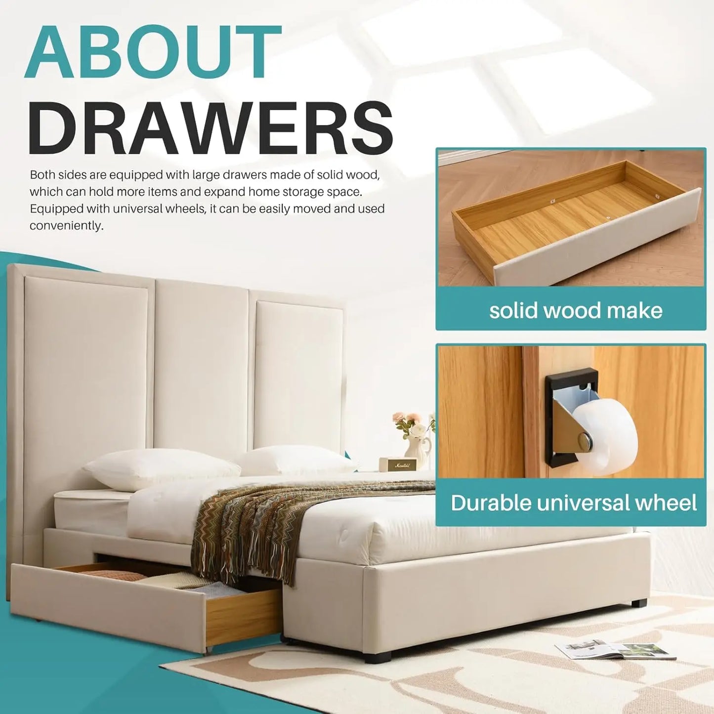 King Size Upholstered Platform Bed Frame with High Headboard Storage Drawers Wood Slat Support No Noise, Customized