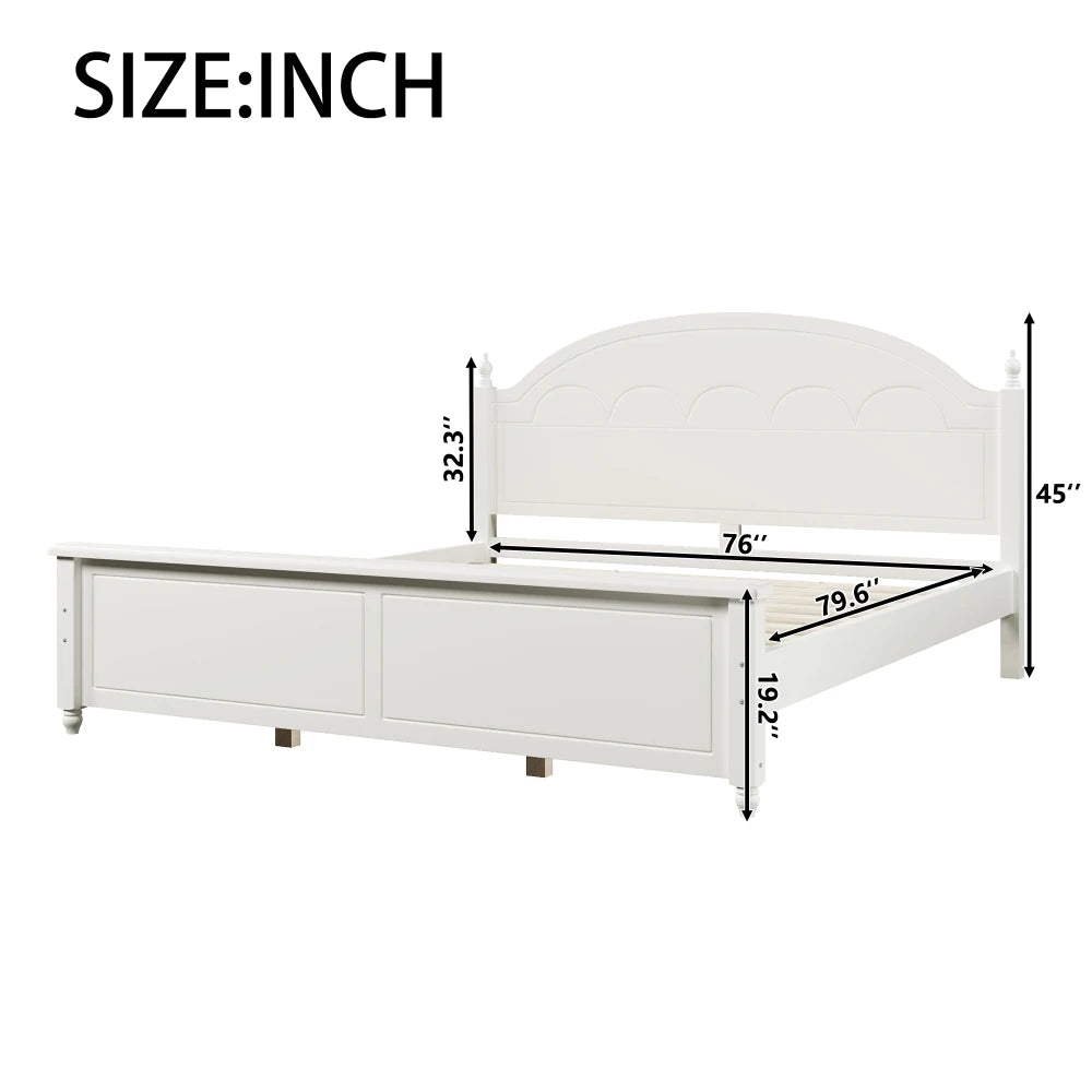 King size Wooden Bed Frame with Arched Headboard and Classic Design,White