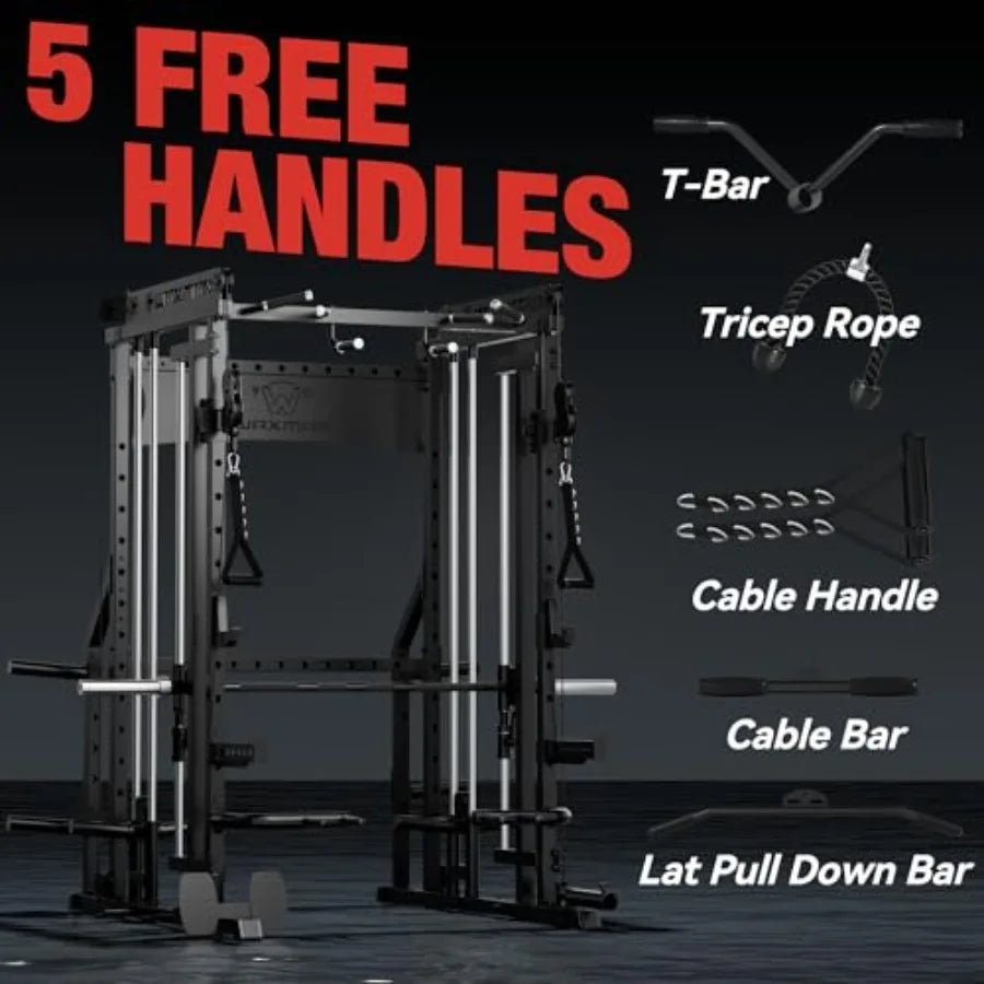 Smith Machine 2200lbs Squat Rack with Pull Down System Cable Crossover Machine Steel Black Training Equipment with Leg Hold and