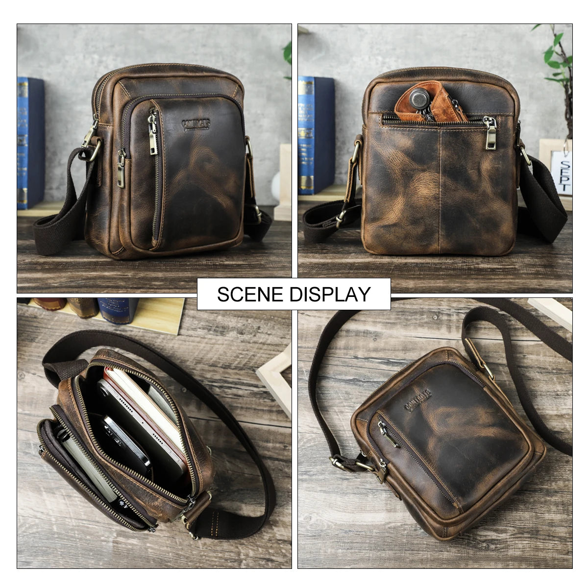 CONTACT'S Genuine Leather Sling Shoulder Bags for Men Vintage Small Messenger Bags Crossbody Bag Men's Bags for 8.3" iPad Mini