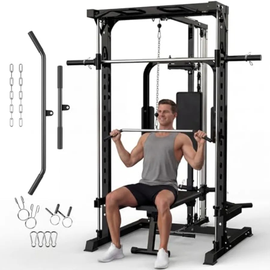 Smith Machine with Bench Heavy Duty Power Cage Squat Rack with Smith Bar LAT Pulldown System Chest Station More Training Attach