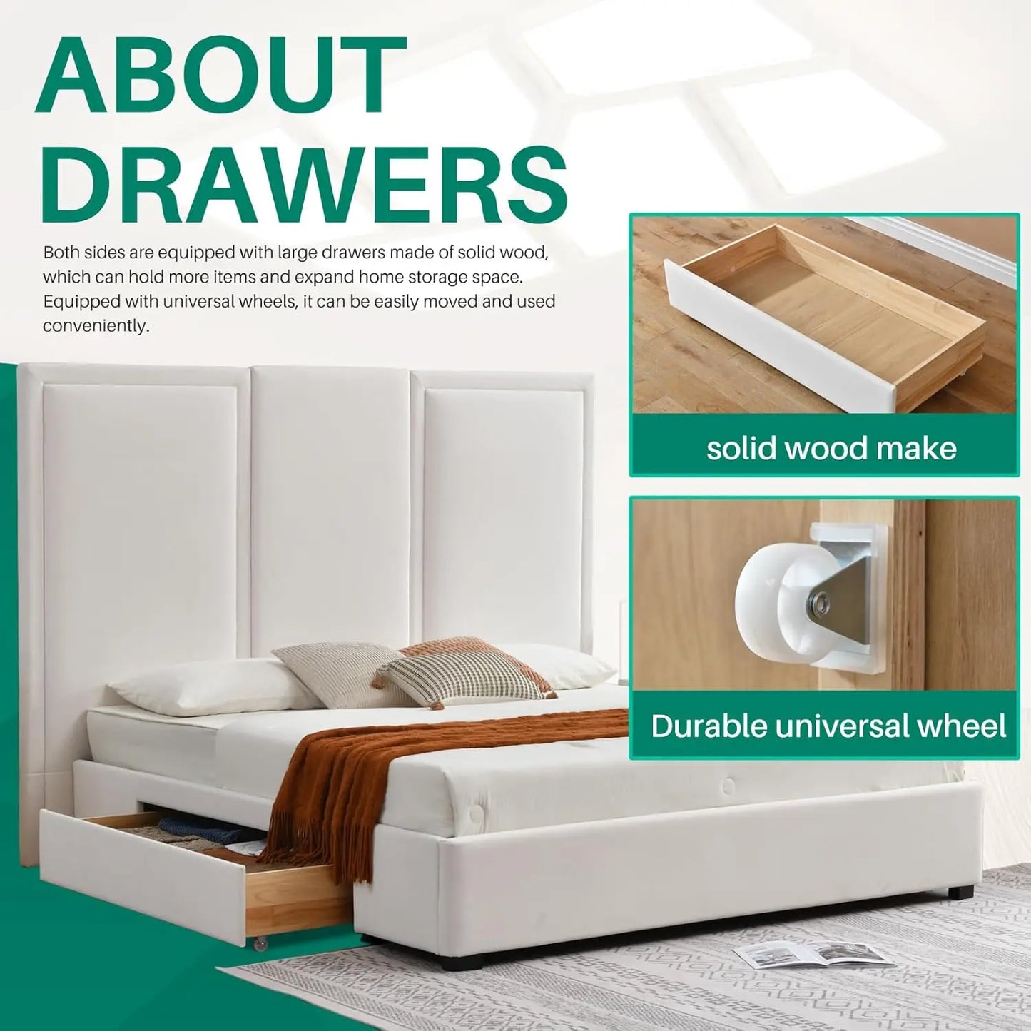 King Size Upholstered Platform Bed Frame with 64in High Headboard Storage Drawers Wood Slat Support No Noise White Customized
