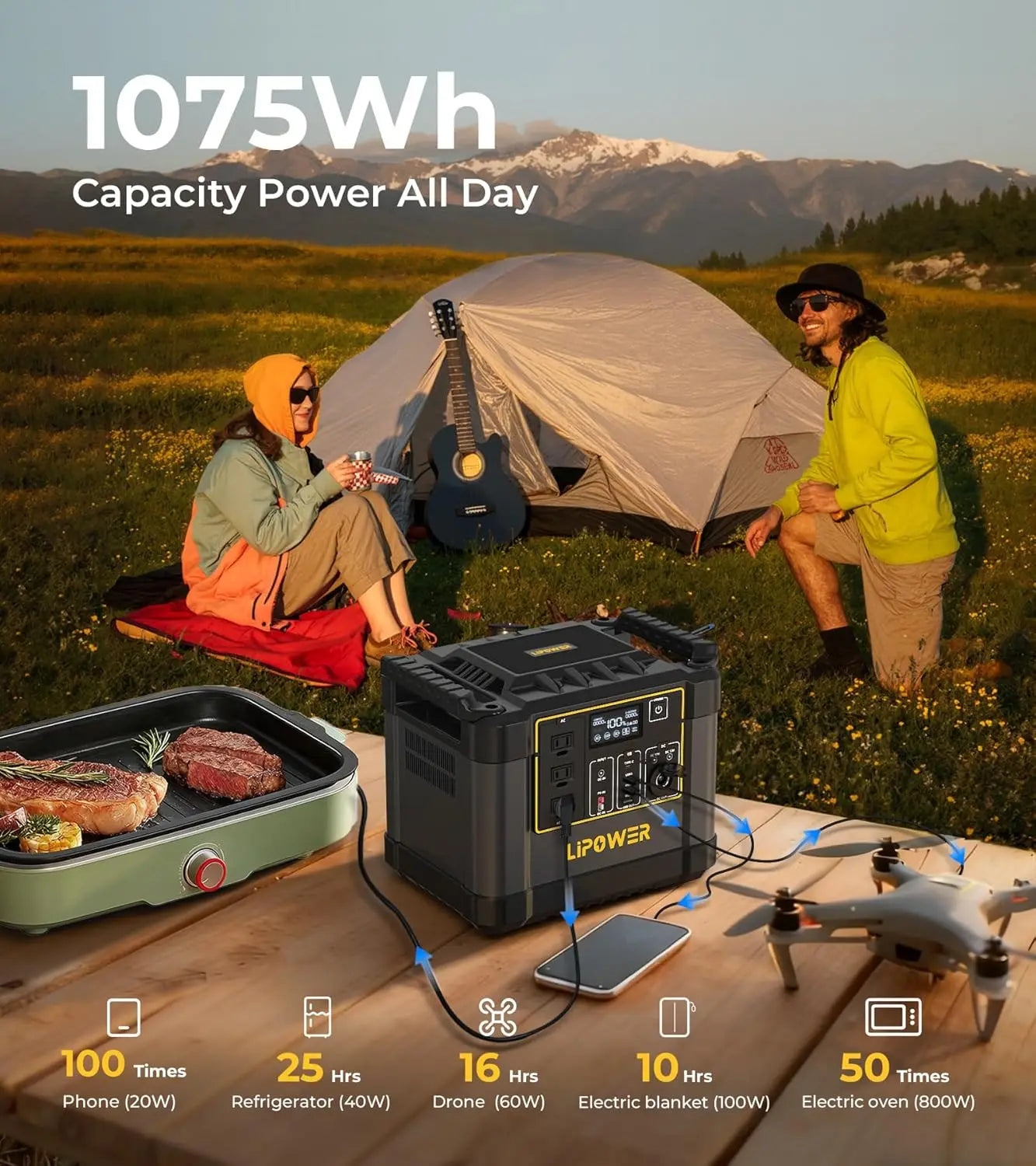Solar Generator for Camping with 100W Solar Panel, 1075Wh Power Station Portable, 1200W 3*AC Outlets(2000W peak)