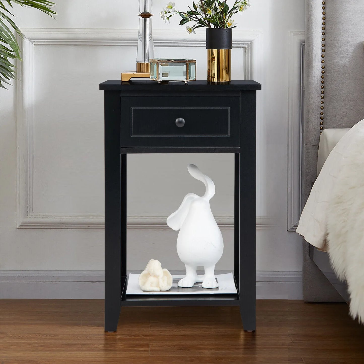 Nightstand Sofa Side End Table X-Design w/ Shelf Drawer Black