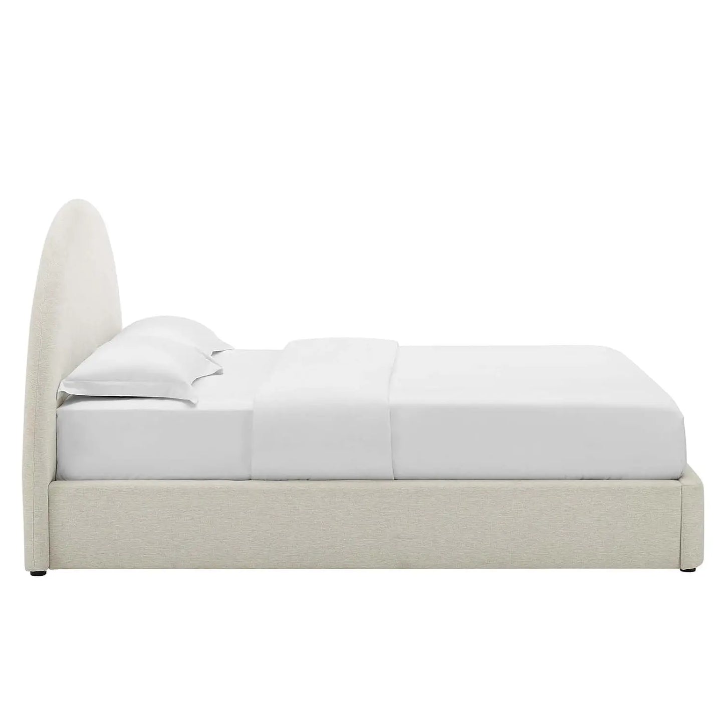 Queen Platform Bed Arch Round Upholstered Headboard Heathered Weave Ivory Fabric Cloud Frame Wood Slats No Box Spring, Custom