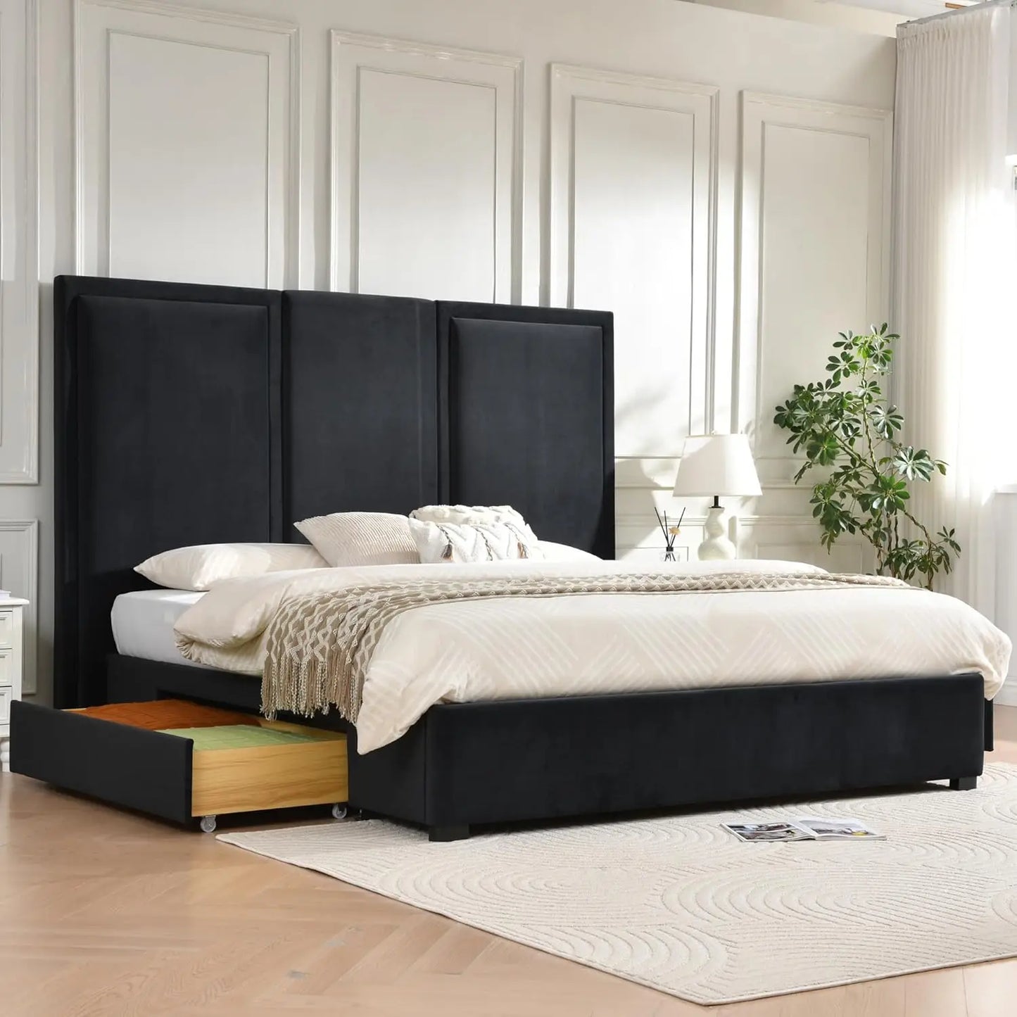 King Size Upholstered Platform Bed Frame with 64-inch High Headboard Storage Drawers Wood Slat Support No Noise Customized