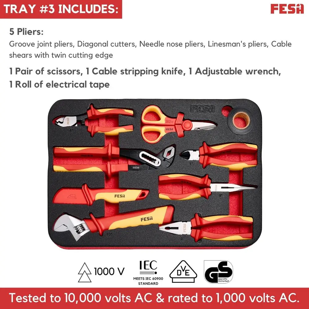 Electrician Insulated Tool Set - 50-Piece 1000V Insulated Tool Kit with a Rolling Tool Case, Screwdrivers, Open & Box End Wrench
