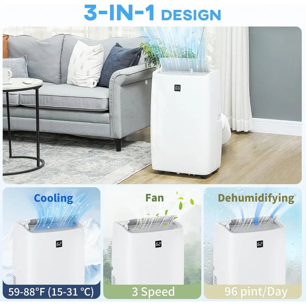 3-in-1 12000 BTU Portable Air Conditioner for Rooms up to 550 Sq. Ft. with Cooling, Dehumidifying, and Fan Modes, 24H Timer, 3 S