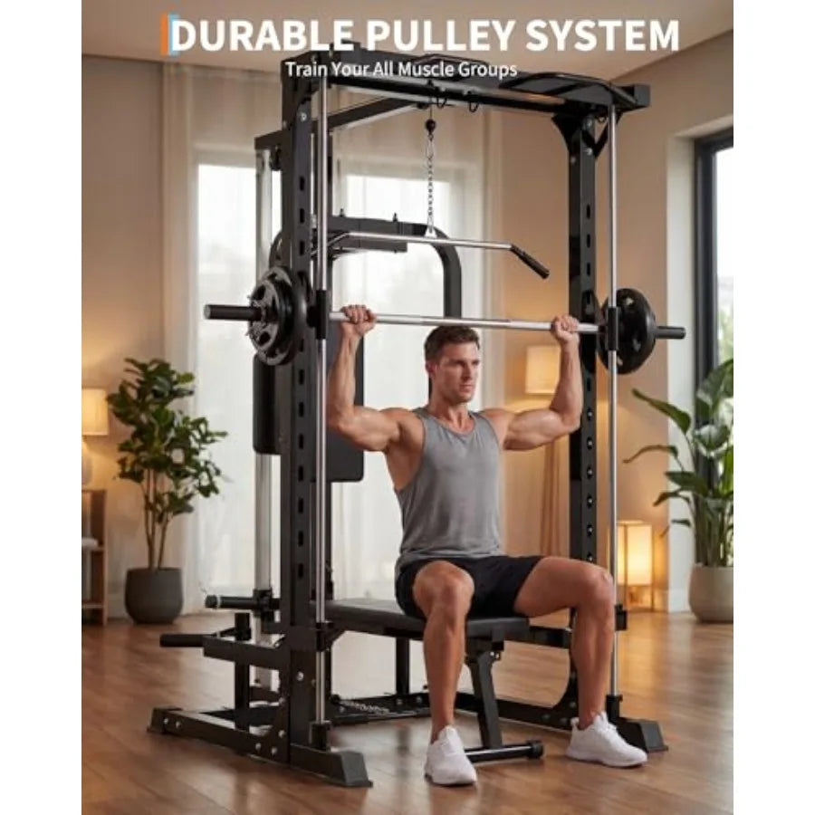 Smith Machine with Bench Heavy Duty Power Cage Squat Rack with Smith Bar LAT Pulldown System Chest Station More Training Attach