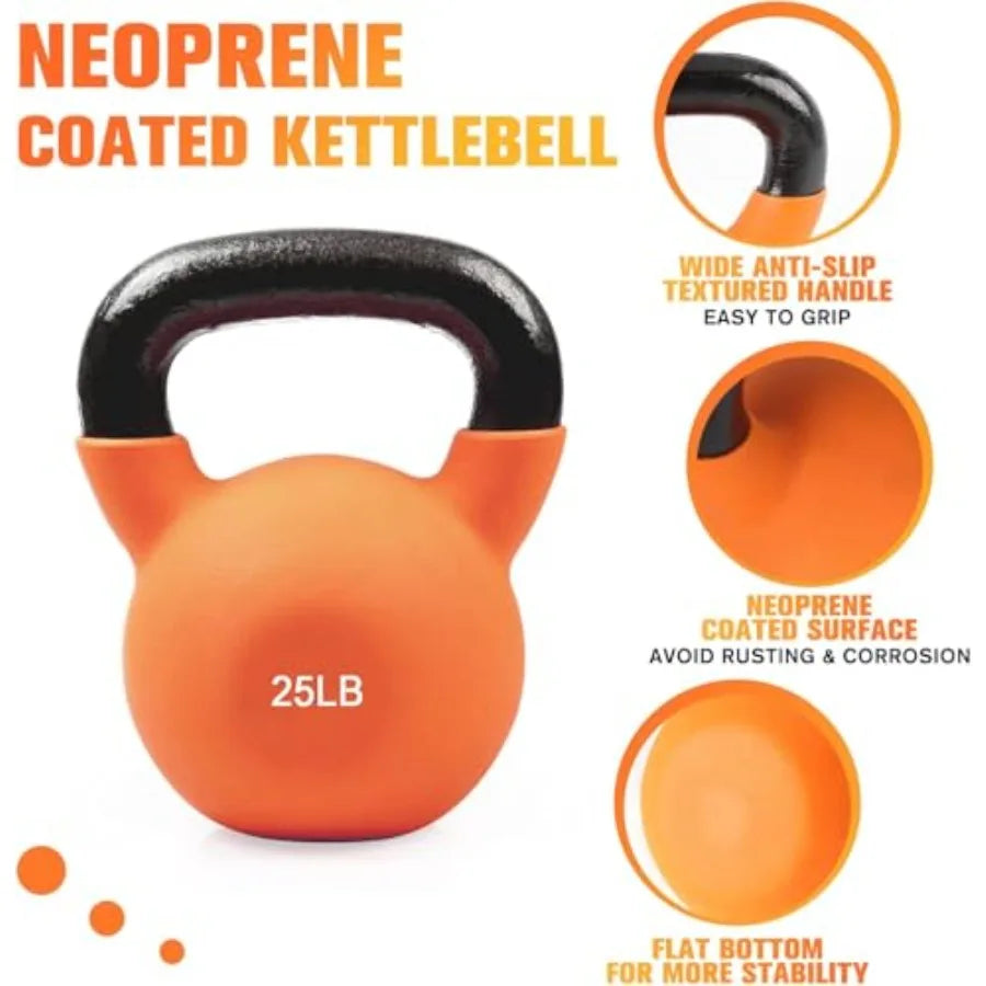 Neoprene Coated Kettlebell Weight Set in Solid Cast Iron for Home Gym Use Black Durable and Non-Slip Surface