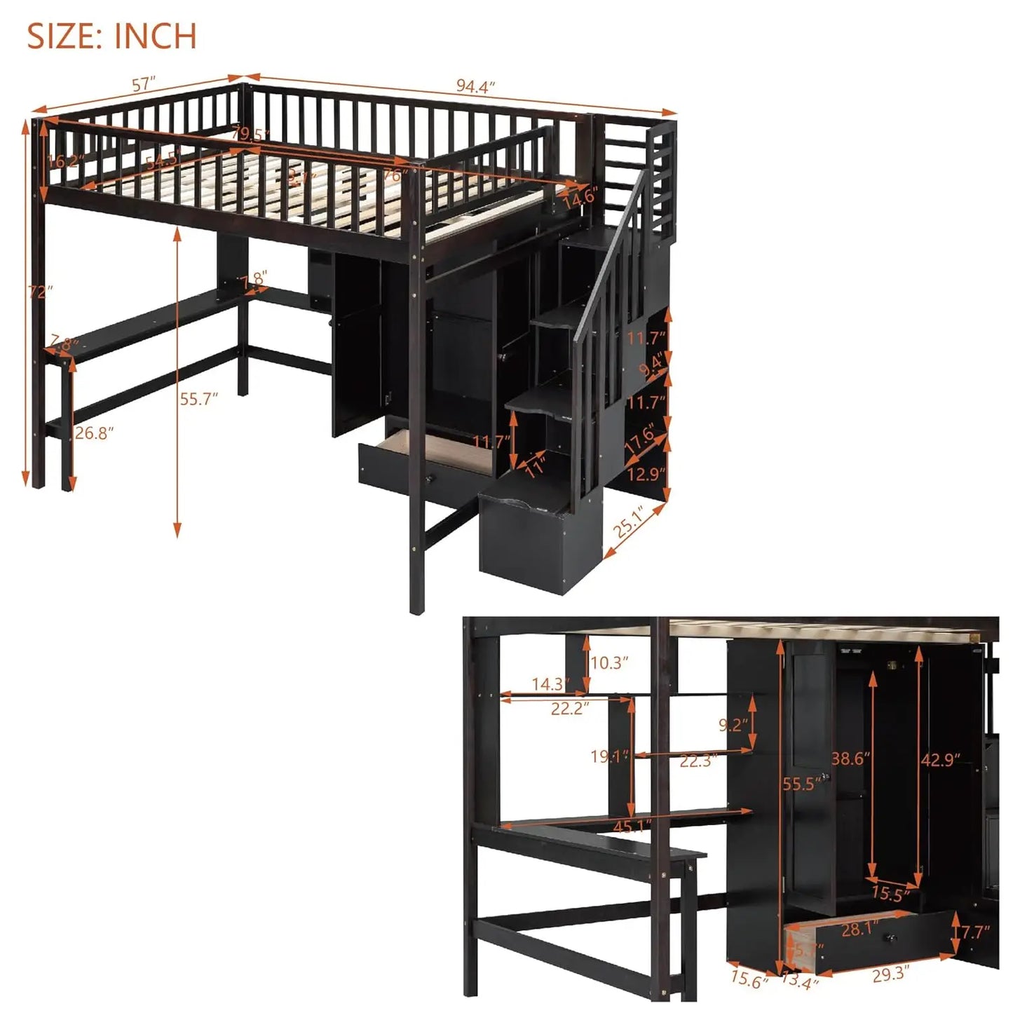 Full Size Loft Beds Stairway Loft Bed Frame with Wardrobe, Desk, Bookcase and Drawers, Espresso, Customized