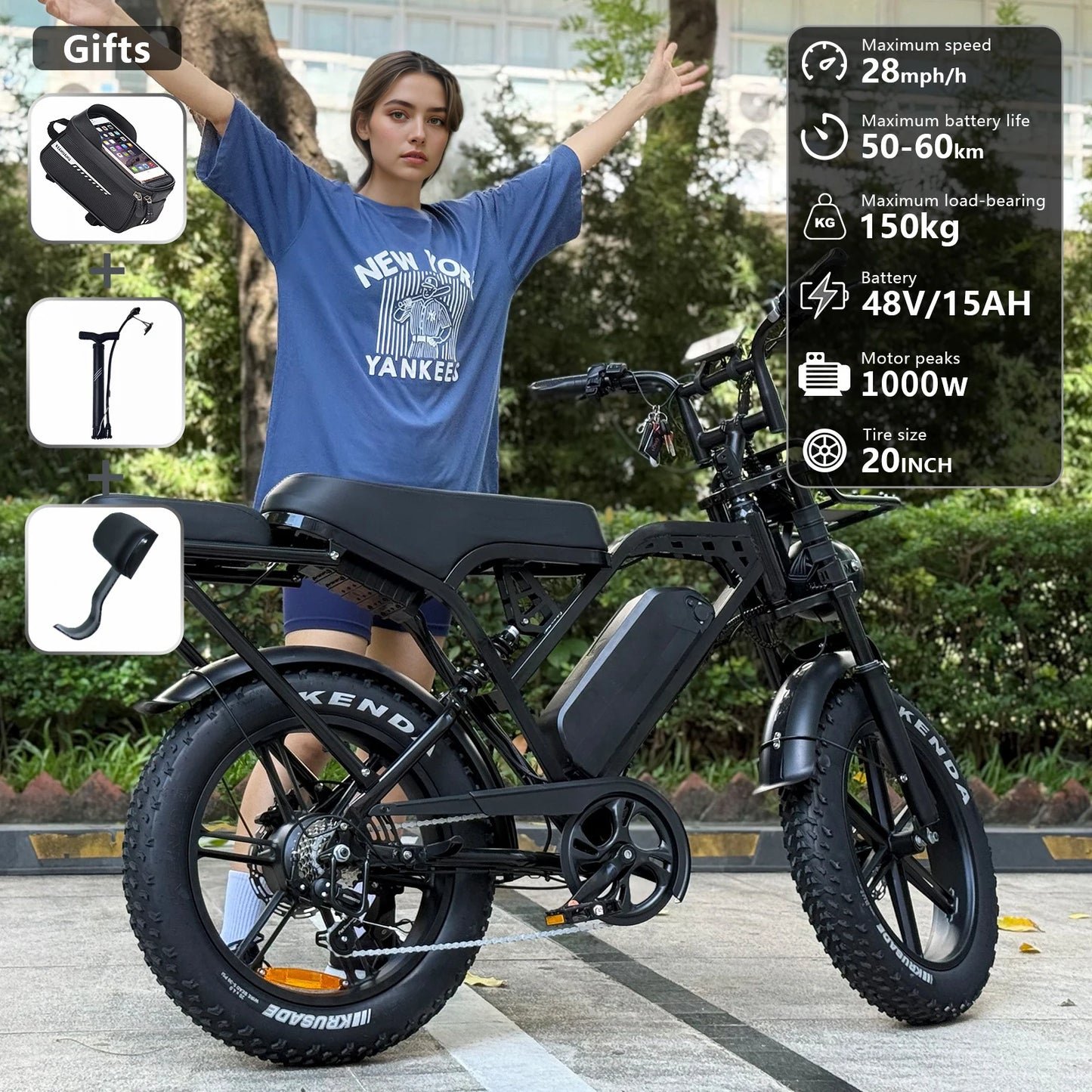 X80Pro 1000W Ebike, 20-inch fat tire electric bicycle, 48V 15Ah removable battery, 50km/h, hydraulic brakes, off-road snow bike