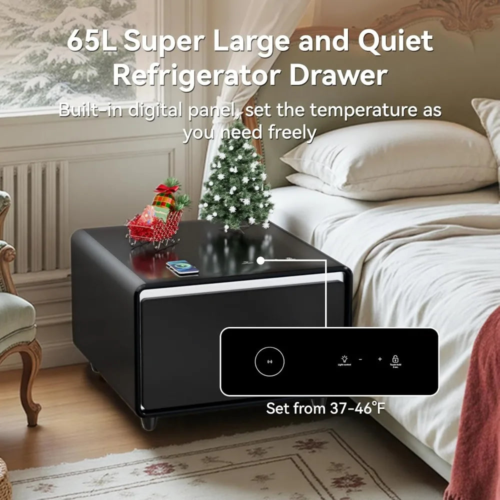 Smart Side Table, Nightstand with Built in Fridge, 27.7 D x 26.3 W x 18.1 H, Mini Coffee Table with 15W Wireless Charging
