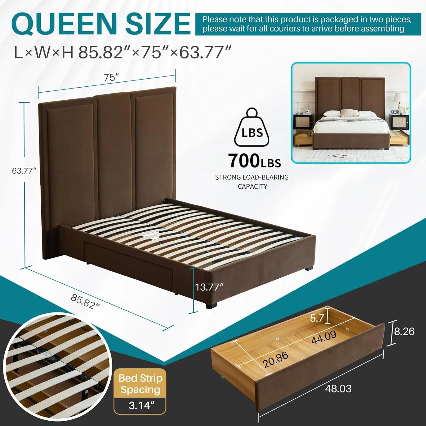 Queen Size Upholstered Platform Bed Frame with 64in High Headboard Storage Drawers Wood Slat Support Noise Free Brown Customized