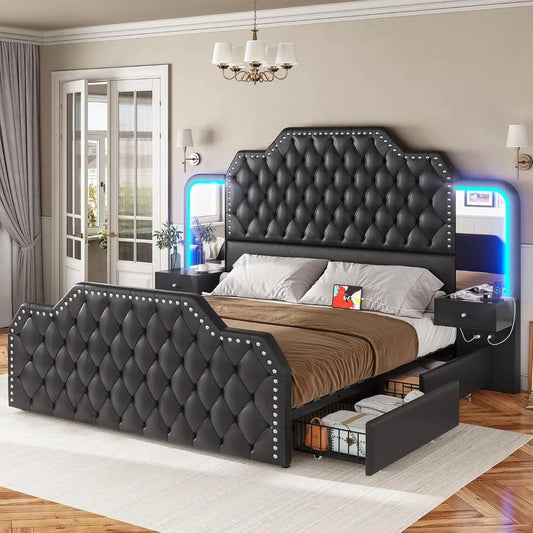 Queen Bed Frame with 2 Nightstands with Mirror, Led Platform Bed with 4 Drawers