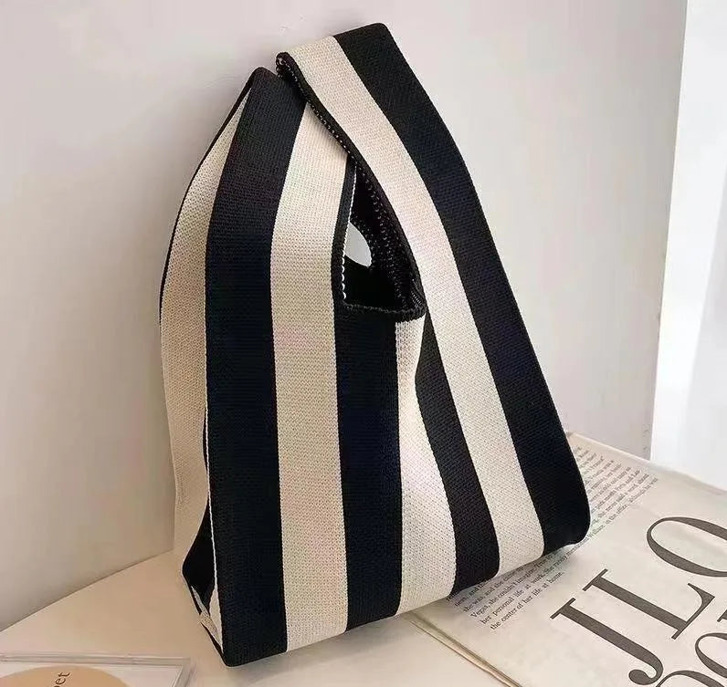 Women'S Knot Wrist Bag Tote Handmade Knitted Bag Portable Mini Striped Bucket Phone Bags Large Capacity Spring Summer Handbags