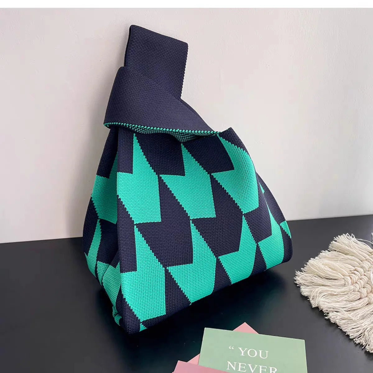 Women'S Knot Wrist Bag Tote Handmade Knitted Bag Portable Mini Striped Bucket Phone Bags Large Capacity Spring Summer Handbags