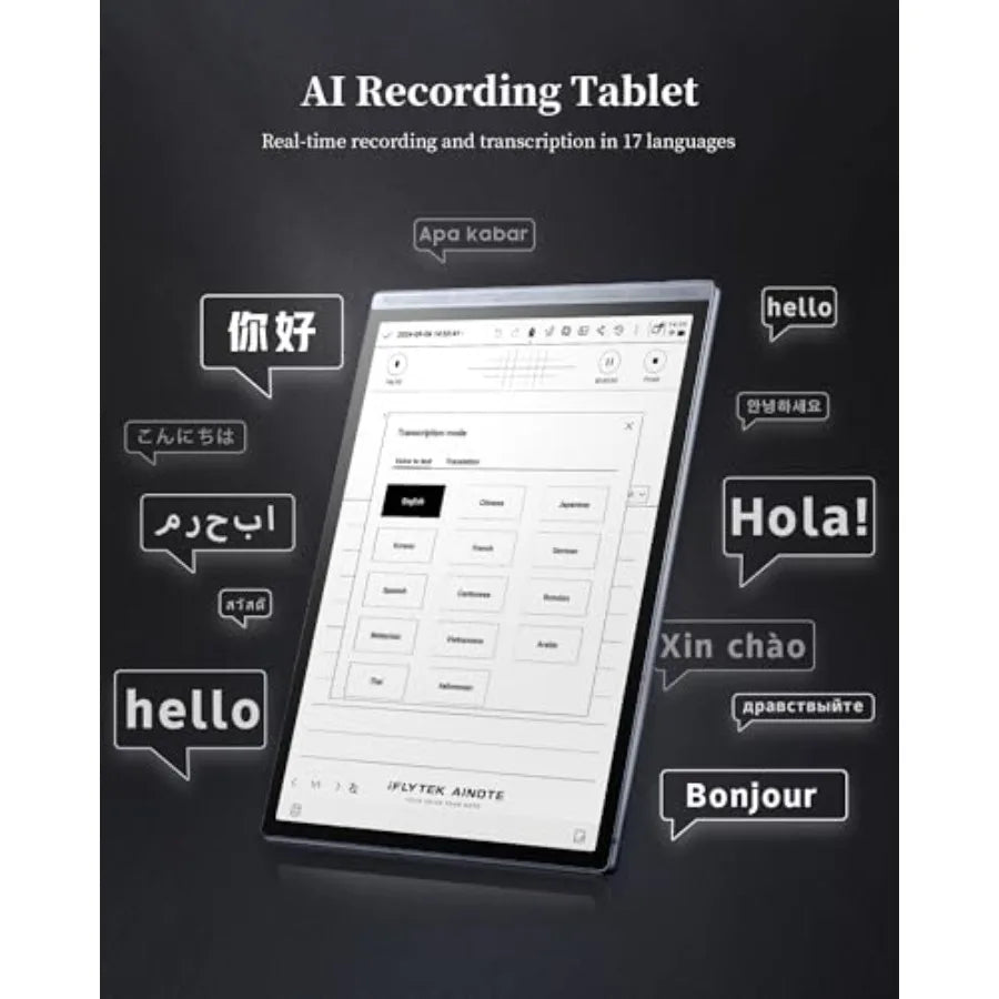 AI note-taking tablet for meetings and scheduling aluminum body matte black voice-to-text transcription and multi-language supp