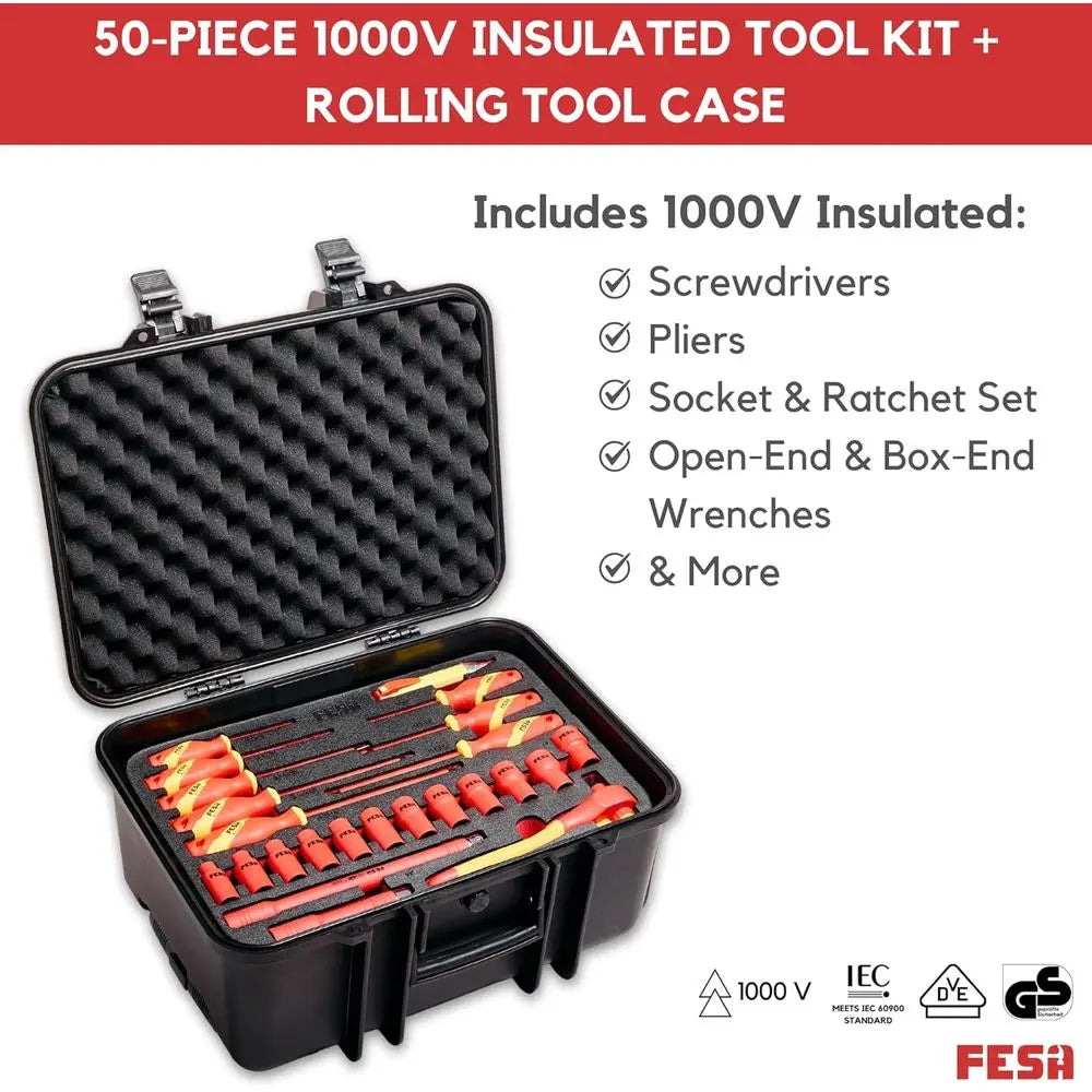 Electrician Insulated Tool Set - 50-Piece 1000V Insulated Tool Kit with a Rolling Tool Case, Screwdrivers, Open & Box End Wrench