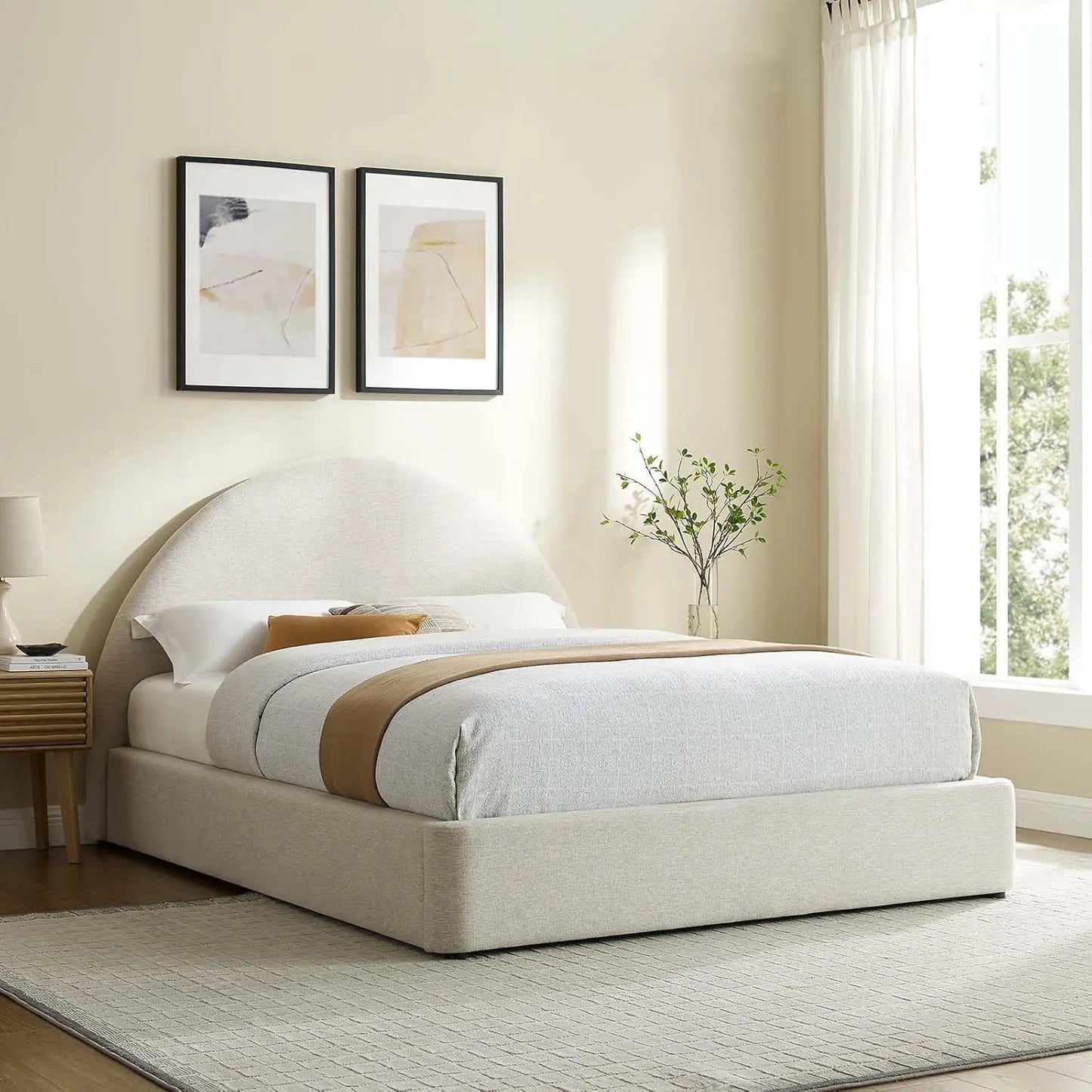 Queen Platform Bed Arch Round Upholstered Headboard Heathered Weave Ivory Fabric Cloud Frame Wood Slats No Box Spring, Custom