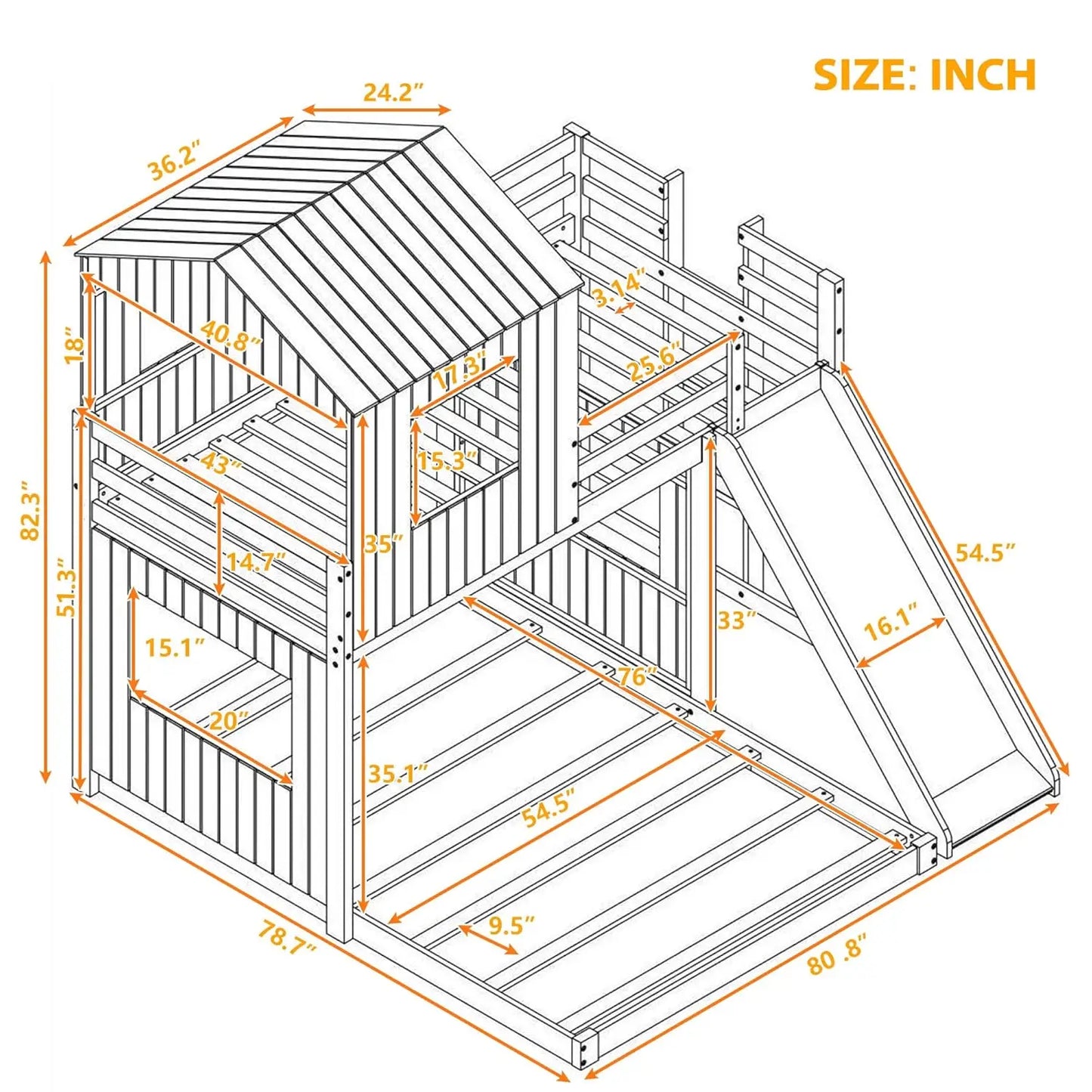 Wooden Twin Over Full Bunk Bed with Slide, Loft Bed Frame with Playhouse, Farmhouse, Ladder and Guardrails for, Customized