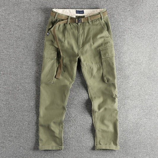 American Amekaji Retro Trend Men's Workwear Casual Pants with Belts Heavyweight 100% Cotton Autumn Winter 3D Cut Pockets Pants