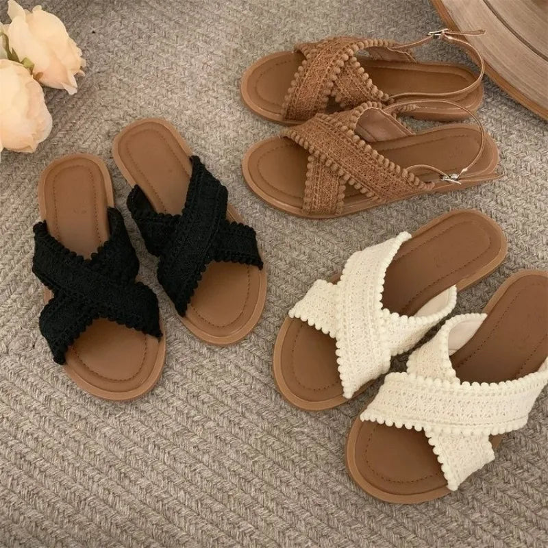 2024 Fashion Women Sandals Ladies Flat Roma Heels Knitted Summer Sandals Outside Cross Tied Leather Female Slides Woman Sandals