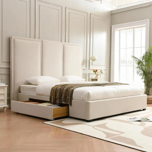 King Size Upholstered Platform Bed Frame with High Headboard Storage Drawers Wood Slat Support No Noise, Customized
