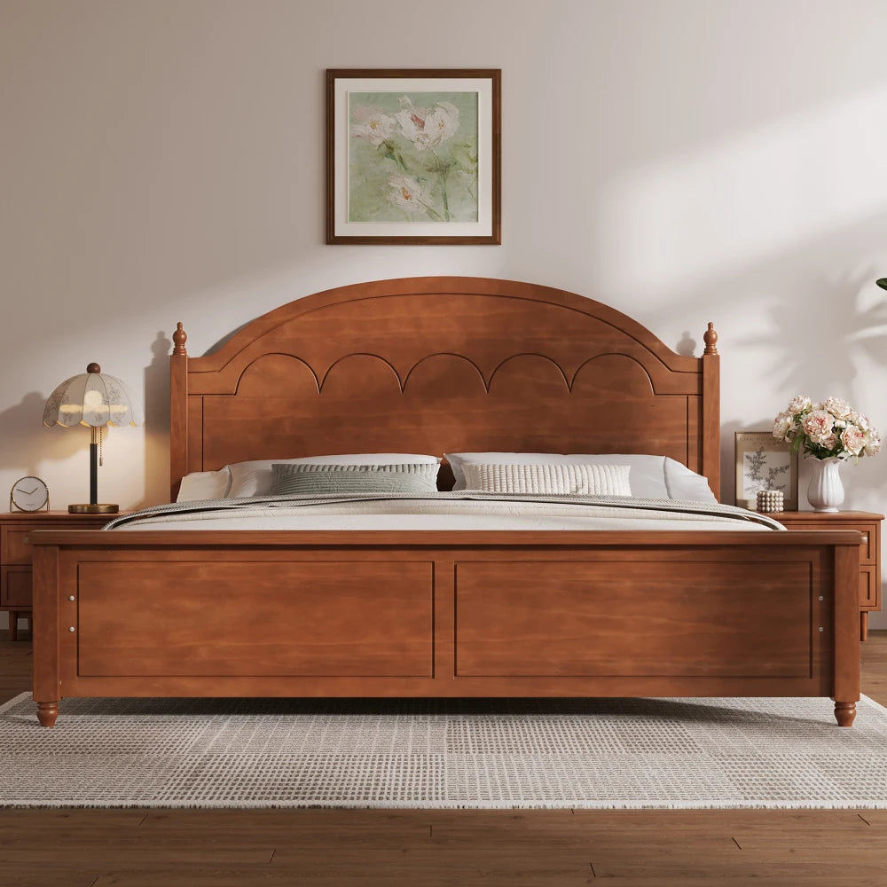 King size Wooden Bed Frame with Arched Headboard and Classic Design,Oak