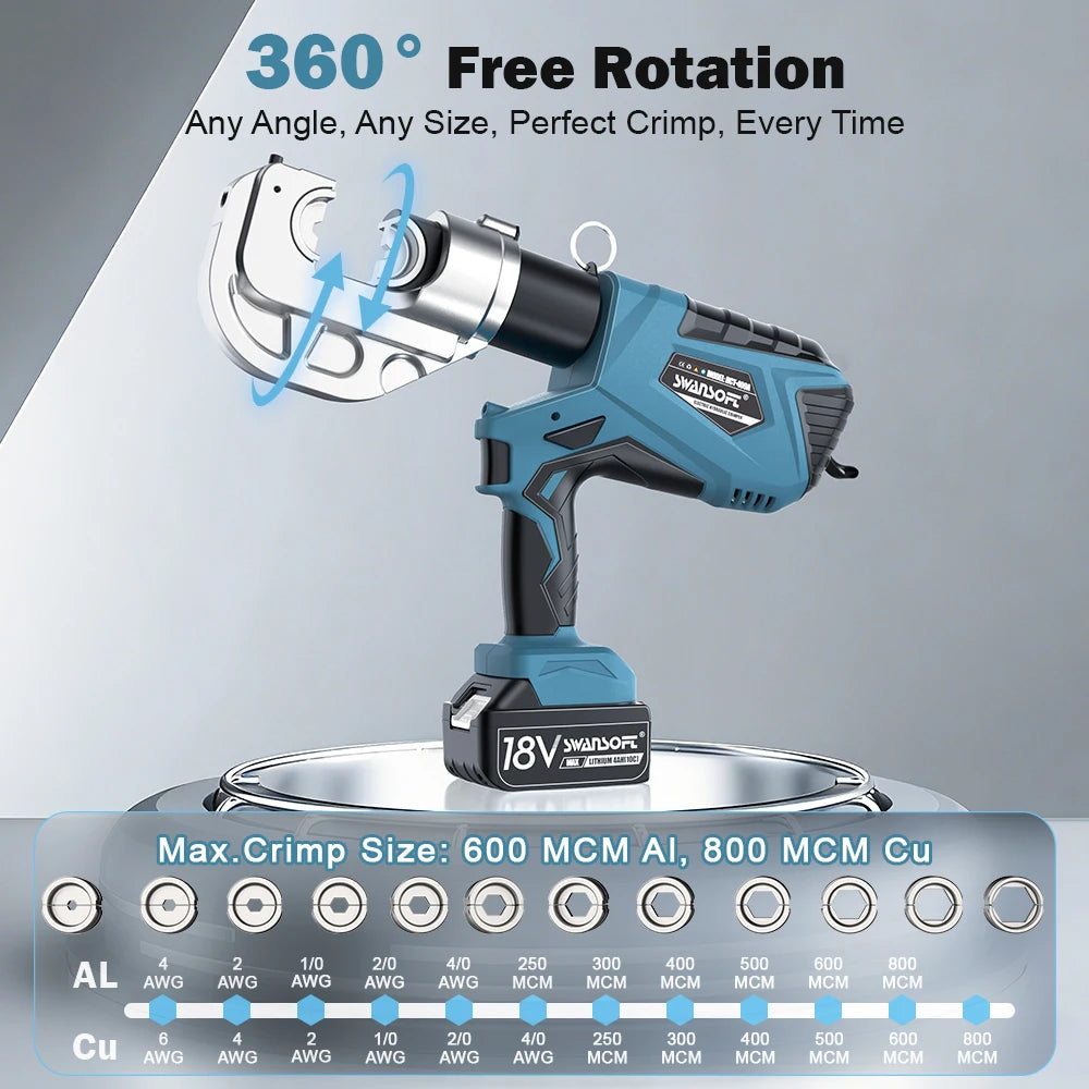 SWANSOFT 400A 12Ton Electric Hydraulic Crimping Tool 6AWG-800MCM Crimper Continuous Crimp for Cu/Al Terminal with 12 Dies